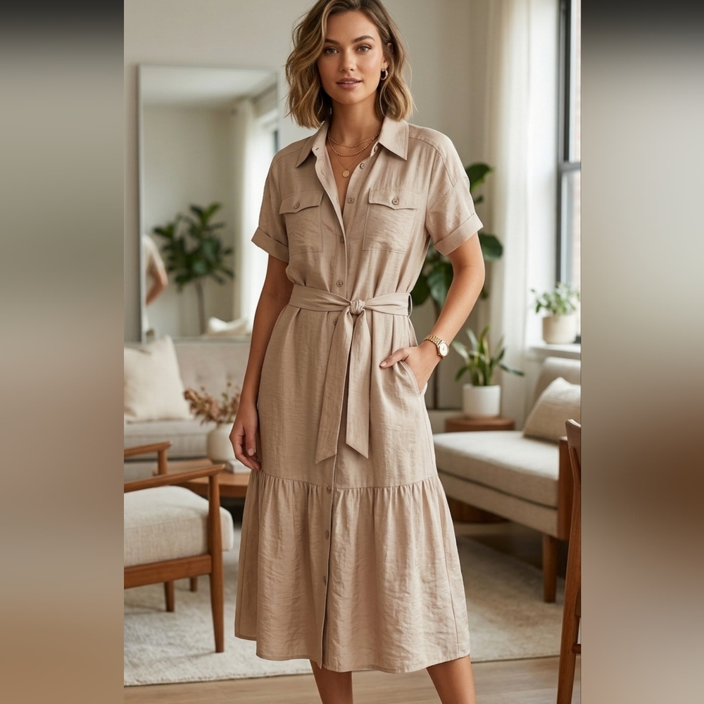 Linea By Louis Dell’Olio S Cream Short Sleeves Button Down Dress Pockets & Belt